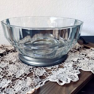 Vintage 9" Clear Glass Pedestal Bowl Faceted Serving Dish Retro Centerpiece